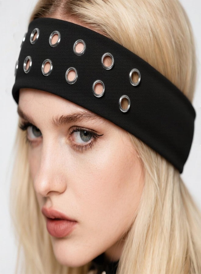 CZMZHFC Grommet Headband,Women Hollow Out Eyelets Elastic Hairband,Punk Style Rivets Headbands,Y2K Grunge Fashion Wide Head band,Stretchy Casual Hair Accessories for Women (Black, StyleB) - Image 5